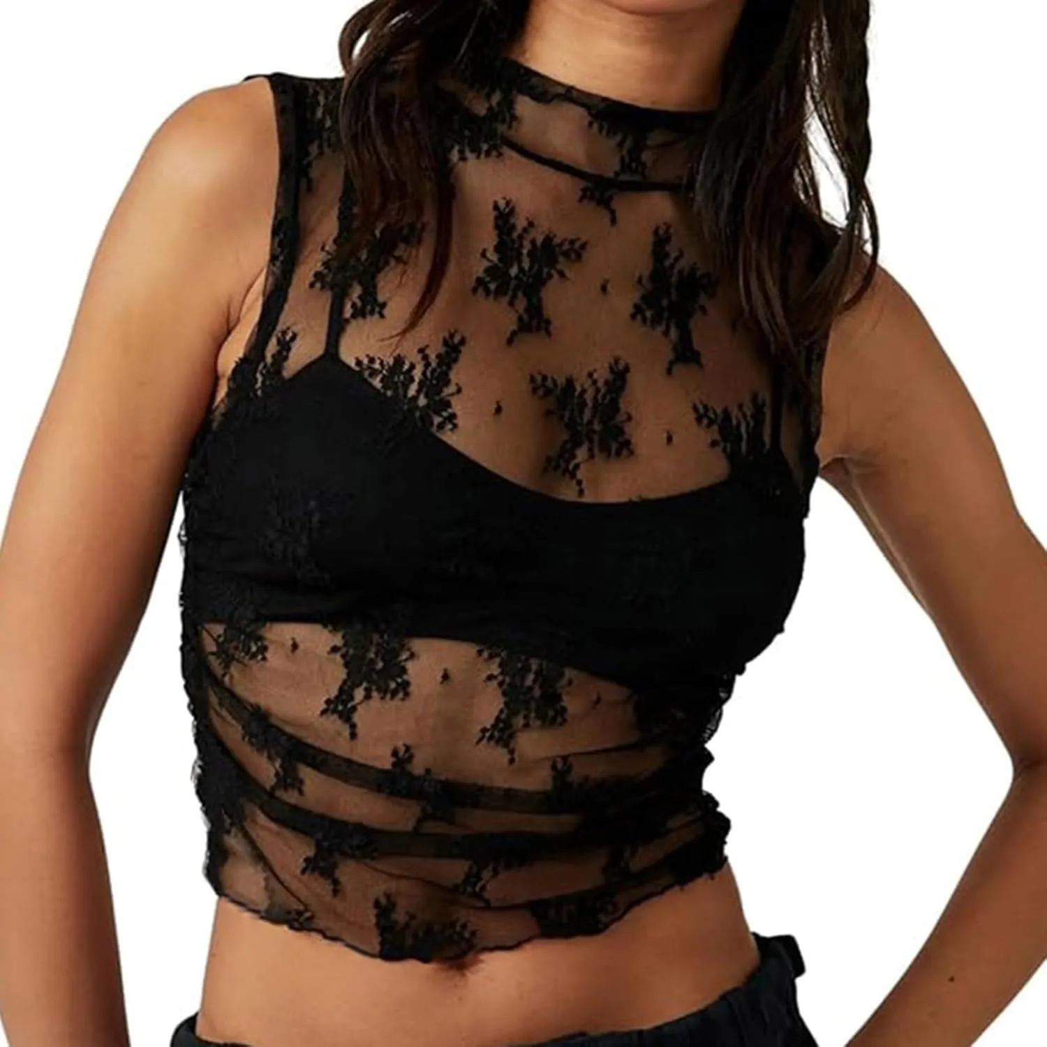IWOLLENCE Women's Lace Cropped Tank Tops Mock Neck Sleeveless Ruched Side Sheer Shirts Slim Fit