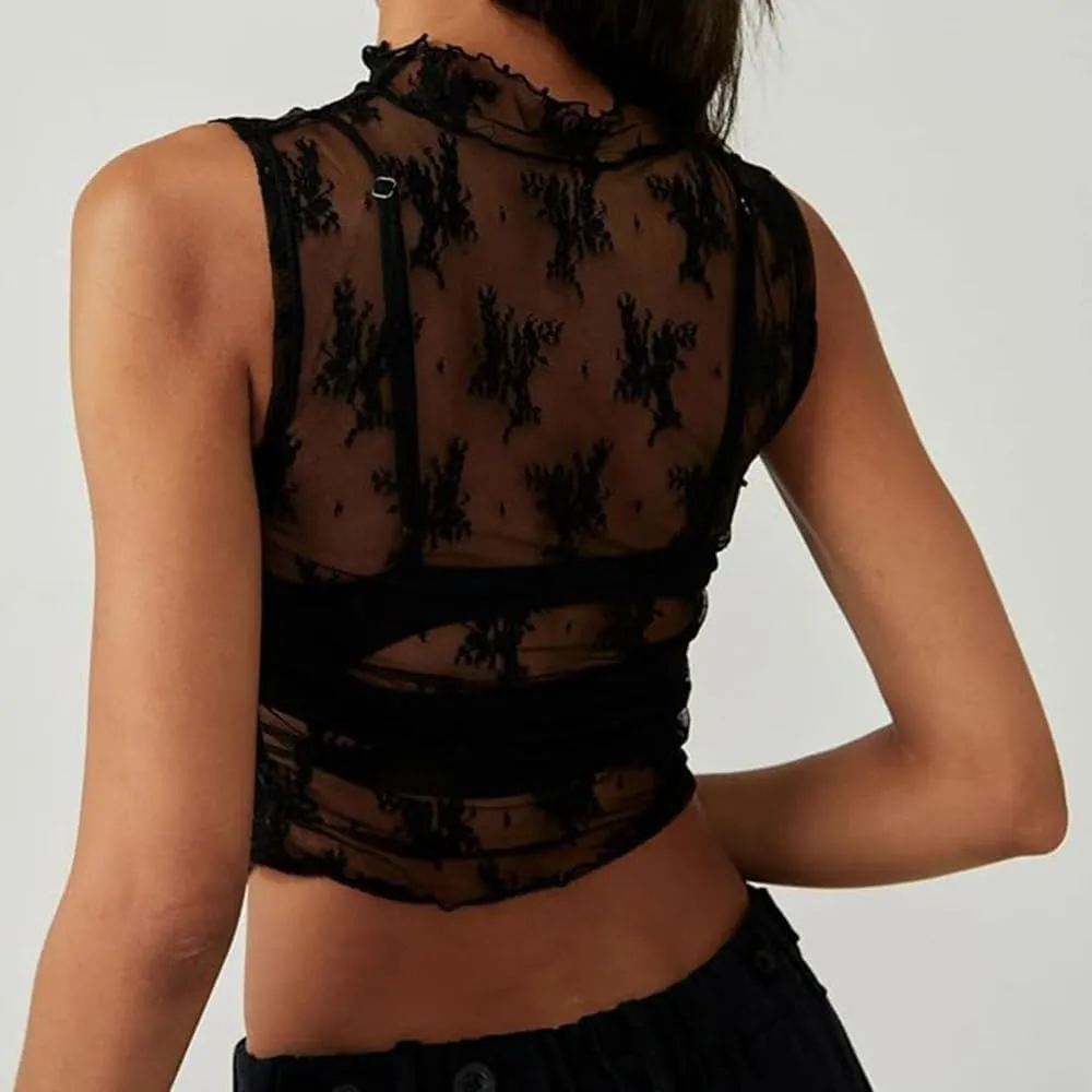 IWOLLENCE Women's Lace Cropped Tank Tops Mock Neck Sleeveless Ruched Side Sheer Shirts Slim Fit