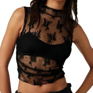 IWOLLENCE Women's Lace Cropped Tank Tops Mock Neck Sleeveless Ruched Side Sheer Shirts Slim Fit