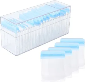 Jewelry Box Organizer Bags Clear Acrylic Jewelry Storage Box Organizers with 20Pcs Blue PVC Portable Travel Sealed Bags Earrings Rings Necklaces Packing Case for Women 8.5 x 2.8 x 3.7In