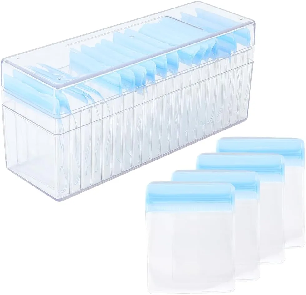 Jewelry Box Organizer Bags Clear Acrylic Jewelry Storage Box Organizers with 20Pcs Blue PVC Portable Travel Sealed Bags Earrings Rings Necklaces Packing Case for Women 8.5 x 2.8 x 3.7In