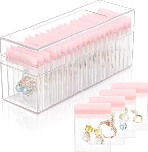 Jewelry Organizer Storage Transparent Poly Pouch, Transparent Travel Jewelry Box Organizer for Earrings Stud Rings Necklaces Bracelet, Large Clear Jewelry Organizer Bag Pouch- Pink Box