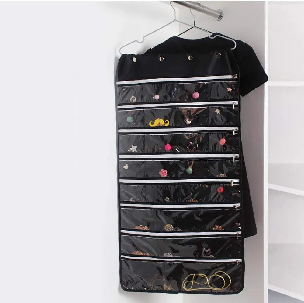 Jewelry Storage Organizer Rack Hanging Jewelry Organizer Bag Dual-Sided, Thick Oxford Fabric, Zippered Storage, Clear PVC Plastic, Roll-Up, Portable Travel, Rings Rack for Holding Jewelry