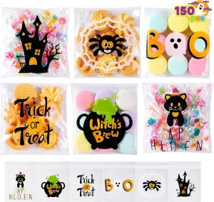 JOYIN 150 PCS Halloween Cellophane Treat Bags, Self Adhesive Clear Cookie and Candy Bags for Kids Trick or Treating, Small Goodie Gift Ziplock Bag Bulk for Halloween Party Favors Supplies in 6 Designs