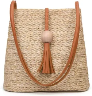 JSEIAJB Fashion Wild Retro Handmade Wooden Ball Bucket Oblique Bag Tassel Wild Bag