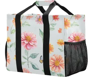 JUNZAN Florals Grey Utility Tote Bags For Women Foldable Beach Bags Waterproof Reusable Grocery Bags Canvas Laundry Tote Bag