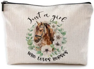 Just A Girl Who Loves Horses Makeup Bag Travel Cosmetic Bags,Watercolor Horse Floral wreath Cosmetic Bags with Zipper Pouch Travel Toiletry Case,Gift for Horse Lovers Horse Riders