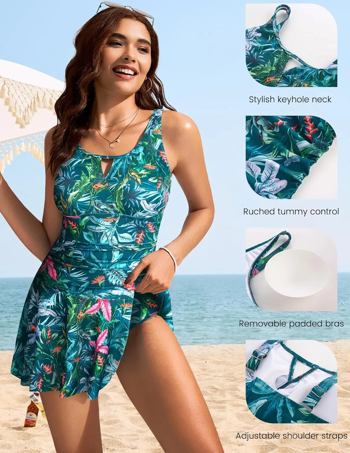Kate Kasin 2 Piece Tankini Swimsuits for Women Tummy Control Swimdress Skirt Bathing Suit with Briefs Modest Ruched Swimwear