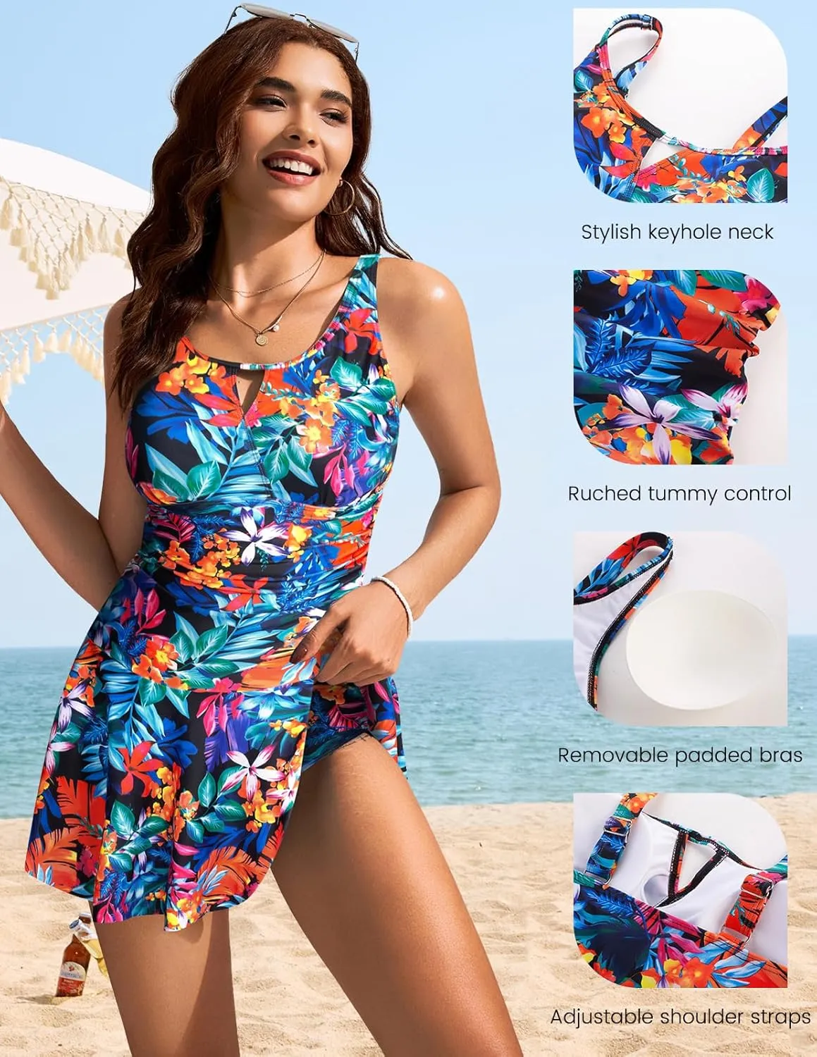 Kate Kasin 2 Piece Tankini Swimsuits for Women Tummy Control Swimdress Skirt Bathing Suit with Briefs Modest Ruched Swimwear