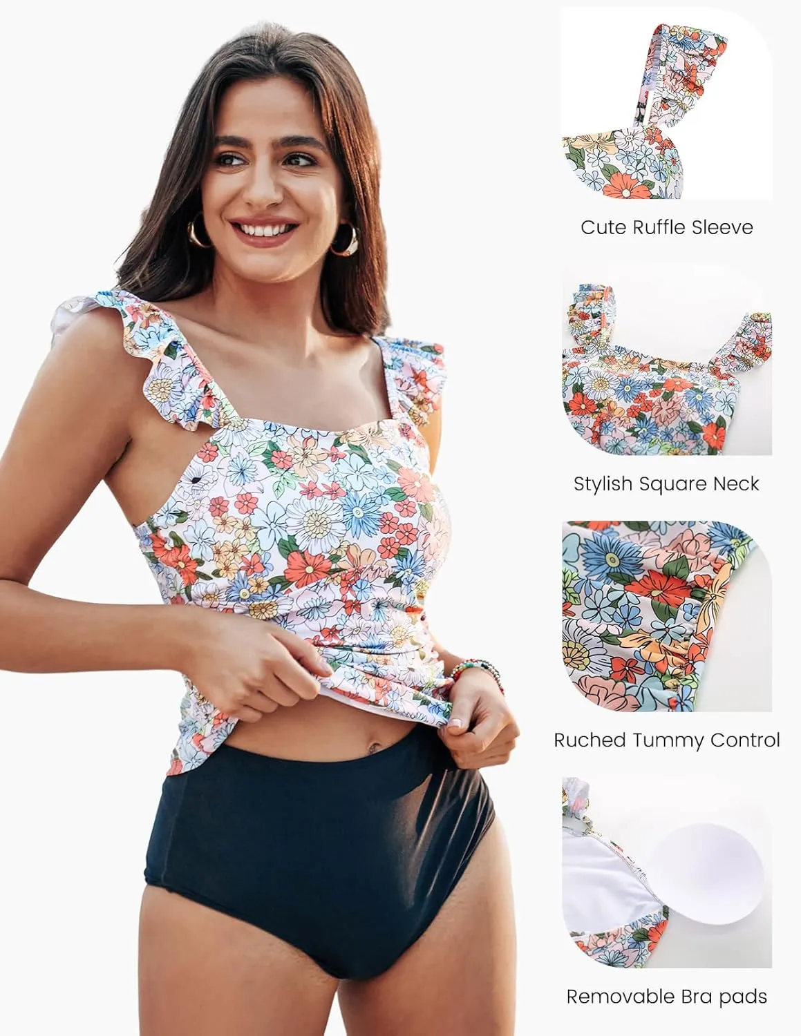 Kate Kasin 2025 Two Piece Tankini Swimsuits for Women High Waisted Tummy Control Floral Swimwear Ruched Padded Bathing Suits