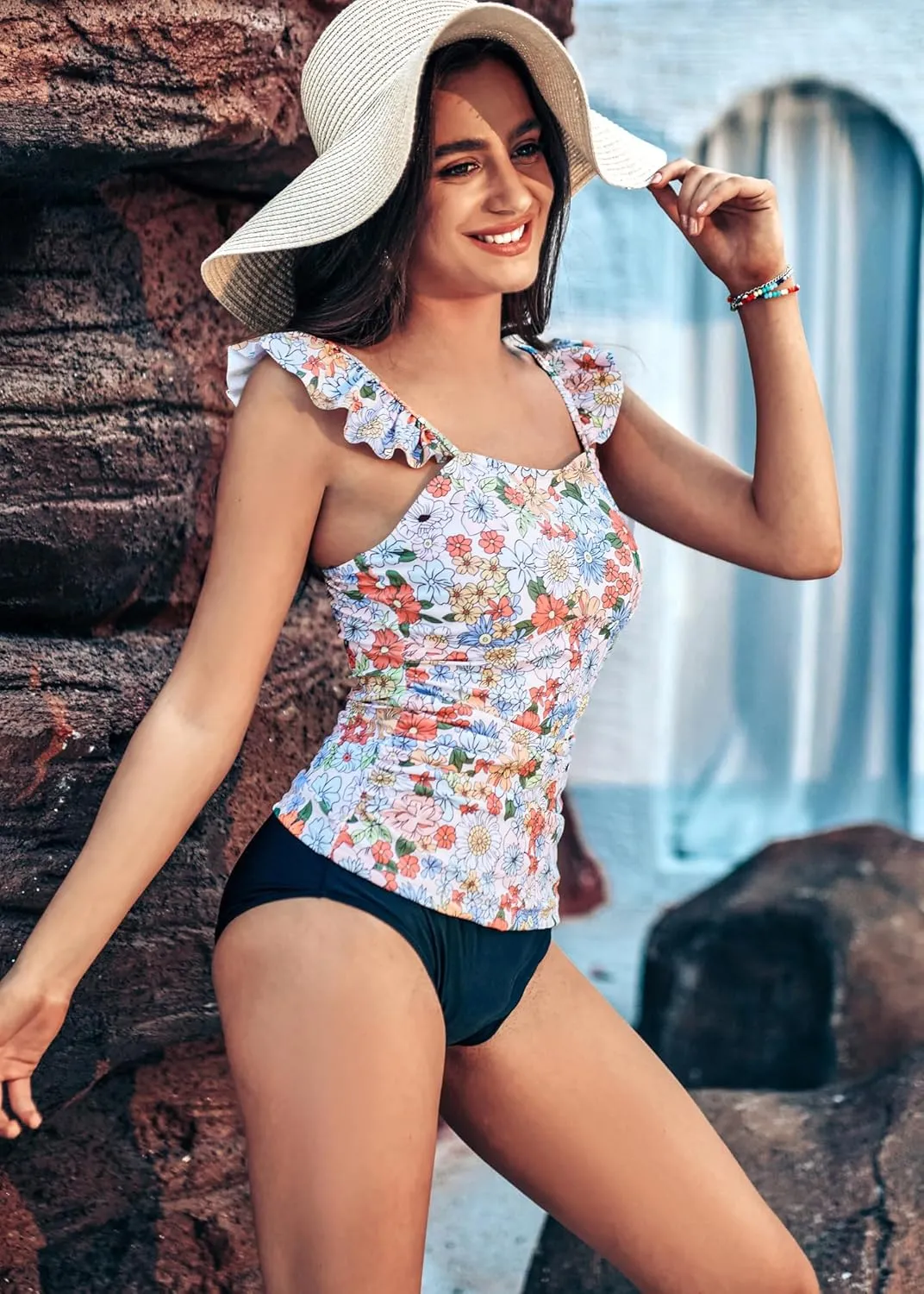 Kate Kasin 2025 Two Piece Tankini Swimsuits for Women High Waisted Tummy Control Floral Swimwear Ruched Padded Bathing Suits