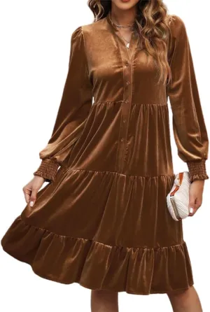 Kedera Women's Elegant Velvet Dress V Neck Tiered Babydoll Aline Flowy Formal Wedding Bridesmaid Dresses