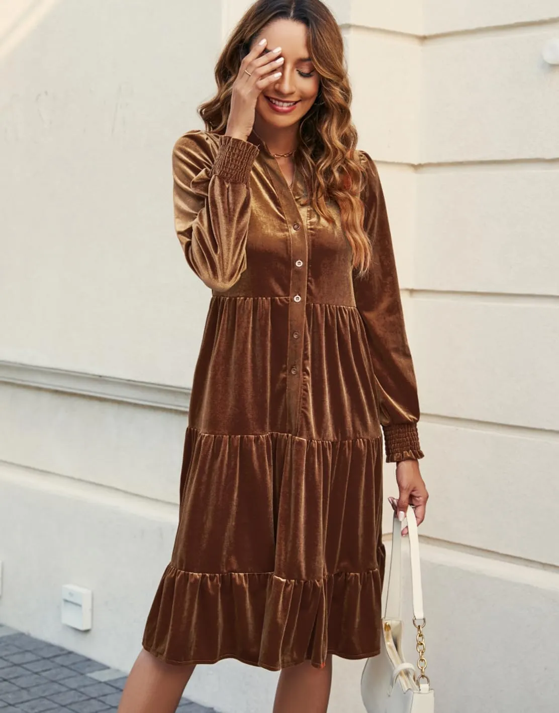 Kedera Women's Elegant Velvet Dress V Neck Tiered Babydoll Aline Flowy Formal Wedding Bridesmaid Dresses