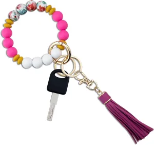 Key Ring Bracelet for Women Car Keychain Holder Wristlet Silicone Beaded Bangle Tassel Chains Jewelry