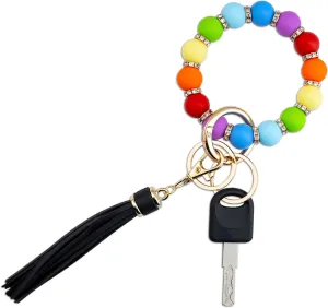 Key Ring Bracelets for Women Car Keychain Holder Wristlet Silicone Beaded Bangle Tassel Chain Jewelry