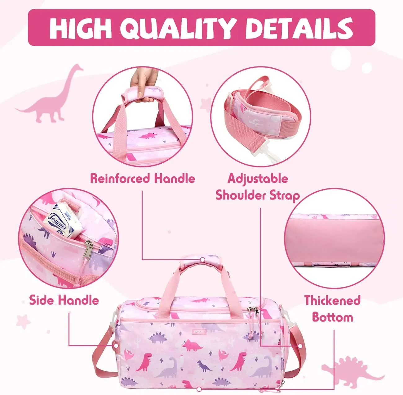 Kids Duffle Bag,VASCHY Travel Bag for Toddler Children Girls Water Resistant Overnight Duffel Ballet Dance Sport Carry On Weekender Bag with Shoes Compartment Dry Wet Pocket Pink Dinosaur