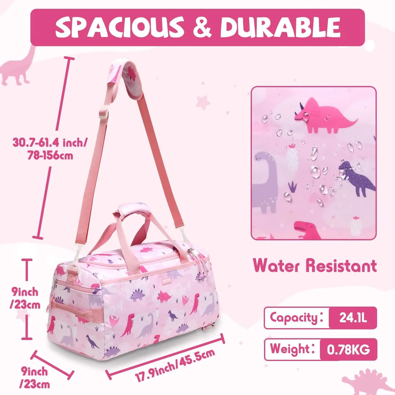 Kids Duffle Bag,VASCHY Travel Bag for Toddler Children Girls Water Resistant Overnight Duffel Ballet Dance Sport Carry On Weekender Bag with Shoes Compartment Dry Wet Pocket Pink Dinosaur