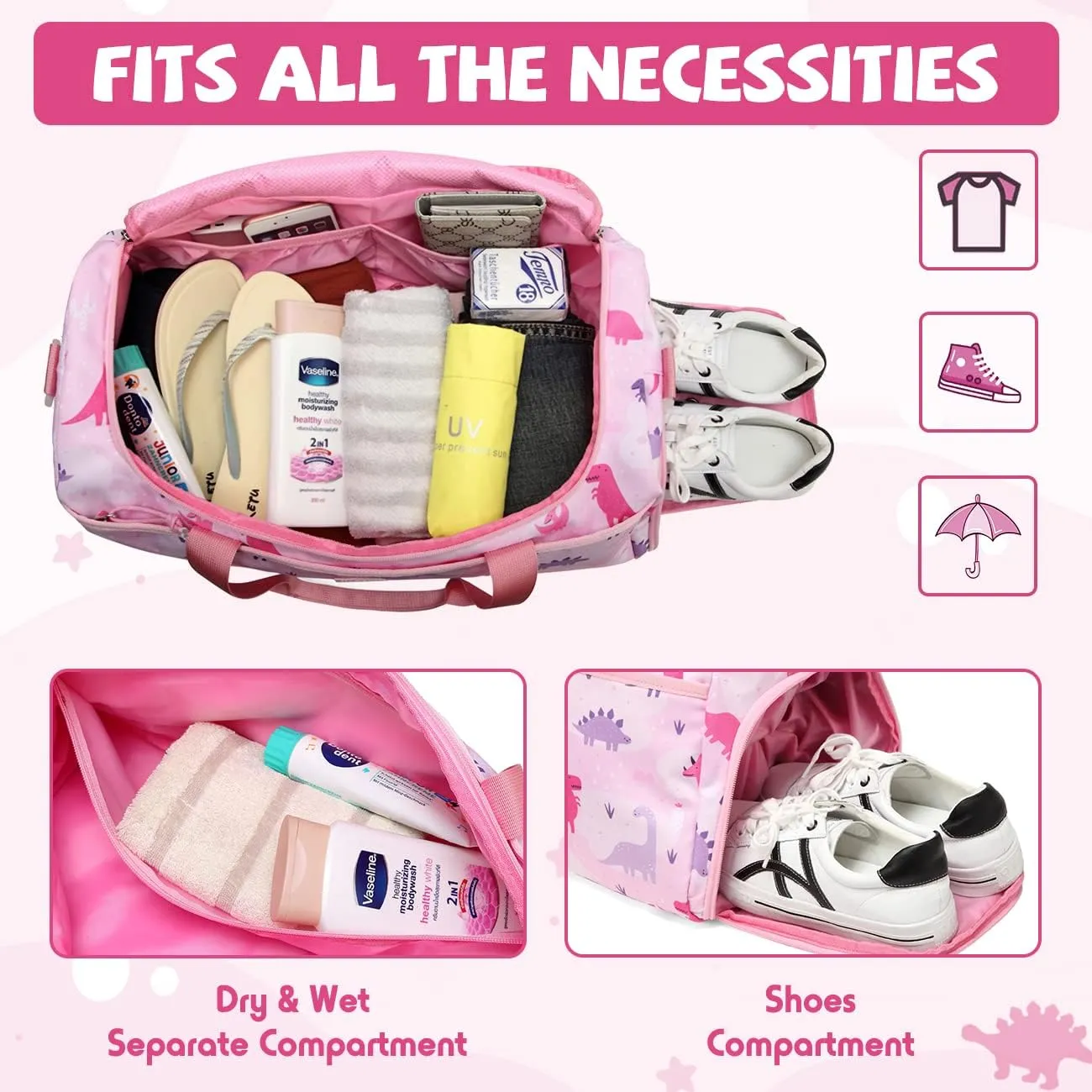 Kids Duffle Bag,VASCHY Travel Bag for Toddler Children Girls Water Resistant Overnight Duffel Ballet Dance Sport Carry On Weekender Bag with Shoes Compartment Dry Wet Pocket Pink Dinosaur