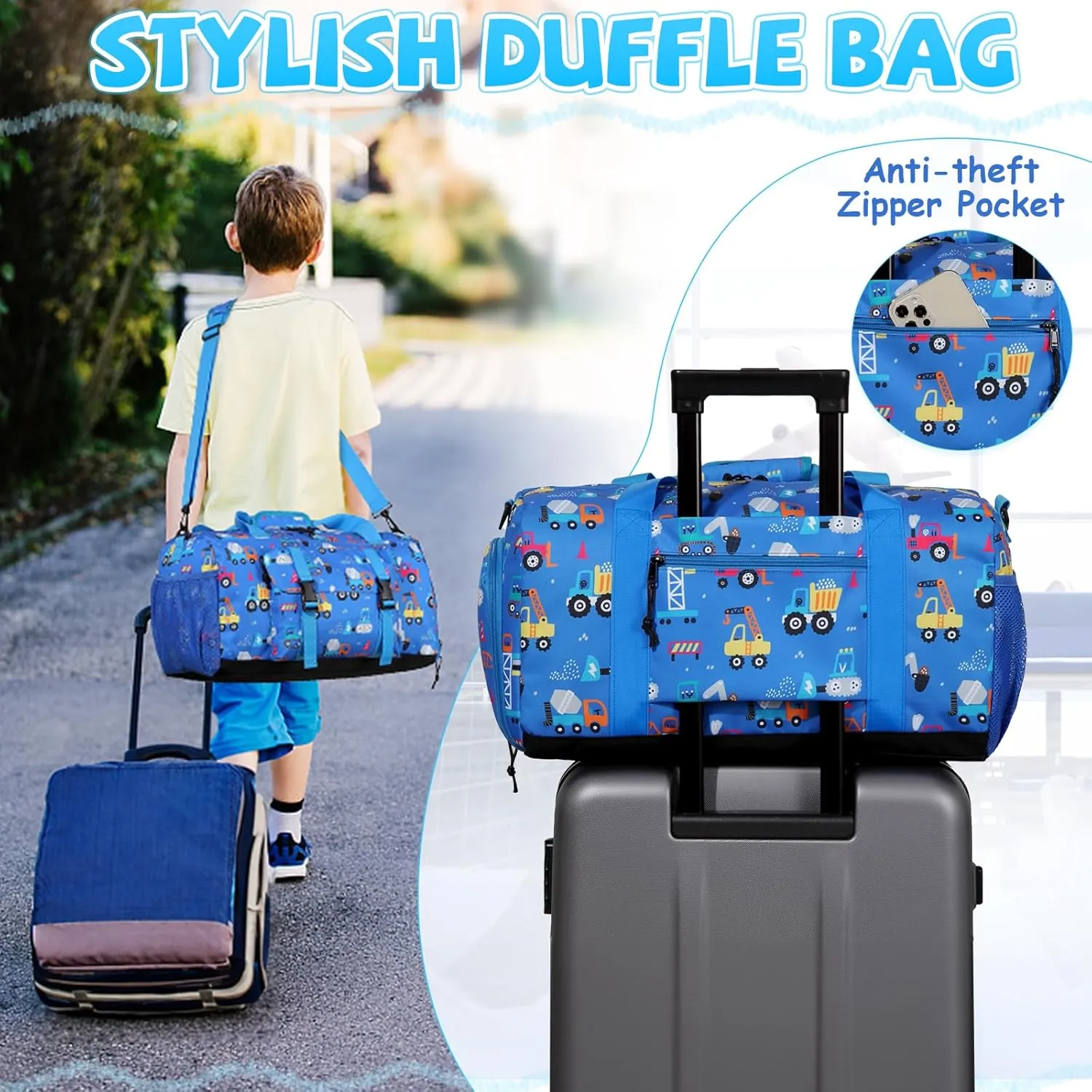 Kids Overnight Duffle Bags,Kasqo Boys Travel Bag Water Resistant Sports Gym Duffel Bag for Teens Girls Sleepover Bag Weekender Carry On Tote with Shoes Compartment Dry Wet Pocket,Blue Cars