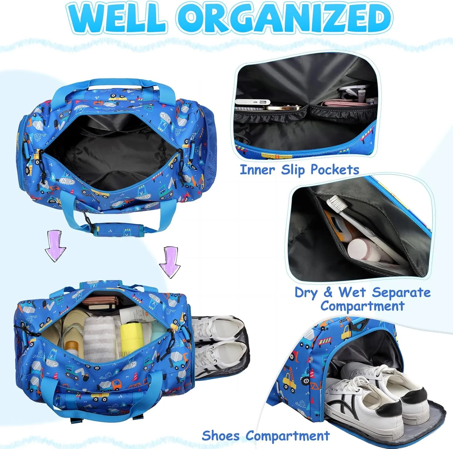 Kids Overnight Duffle Bags,Kasqo Boys Travel Bag Water Resistant Sports Gym Duffel Bag for Teens Girls Sleepover Bag Weekender Carry On Tote with Shoes Compartment Dry Wet Pocket,Blue Cars
