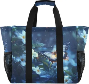 Kigai Butterfly Flowers Reusable Grocery Bag with Handles Waterproof Foldable Extra Large Tote Shopping Bag Standing Organizer for Picnics, Beach, Pool, Laundry, Car, Camping