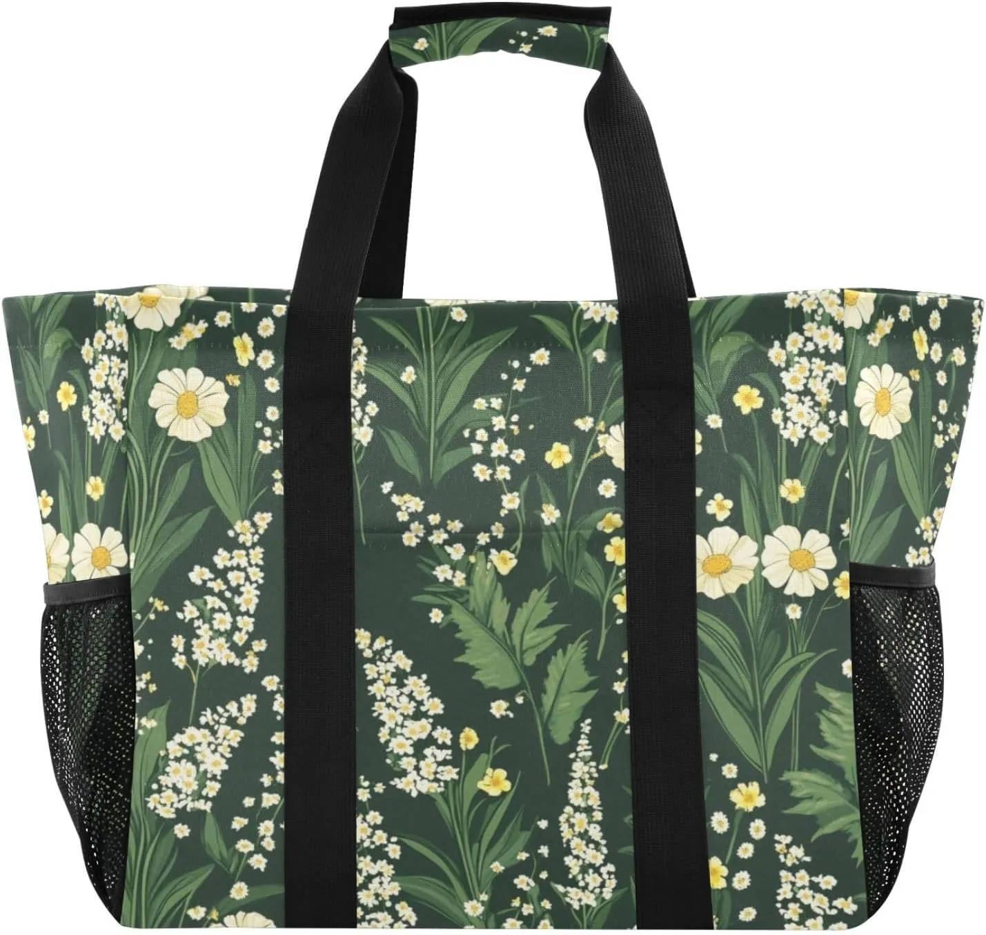 Kigai Green Leaves Flowers Reusable Grocery Bag with Handles Waterproof Foldable Extra Large Tote Shopping Bag Standing Organizer for Picnics, Beach, Pool, Laundry, Car, Camping