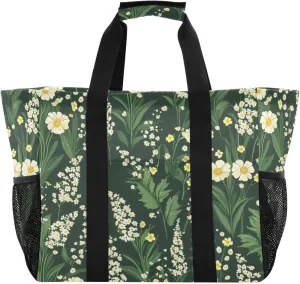 Kigai Green Leaves Flowers Reusable Grocery Bag with Handles Waterproof Foldable Extra Large Tote Shopping Bag Standing Organizer for Picnics, Beach, Pool, Laundry, Car, Camping