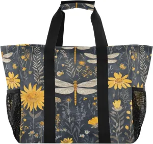 Kigai Yellow Flower Dragonfly Reusable Grocery Bag with Handles Waterproof Foldable Extra Large Tote Shopping Bag Standing Organizer for Picnics, Beach, Pool, Laundry, Car, Camping