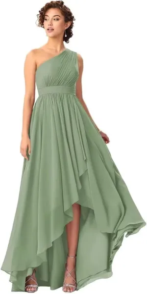 Kyeuan One Shoulder Bridesmaid Dresses for Women Hi-Lo Chiffon Formal Evening Gowns with Pockets Party Dress for Girls