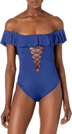 La Blanca Women's One Piece Swimsuit Off Shoulder Ruffle Island Goddess Bathing Suit