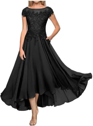 Lace Applique A Line Mother of The Bride Dress for Women Cap Sleeve High Low Formal Evening Dress