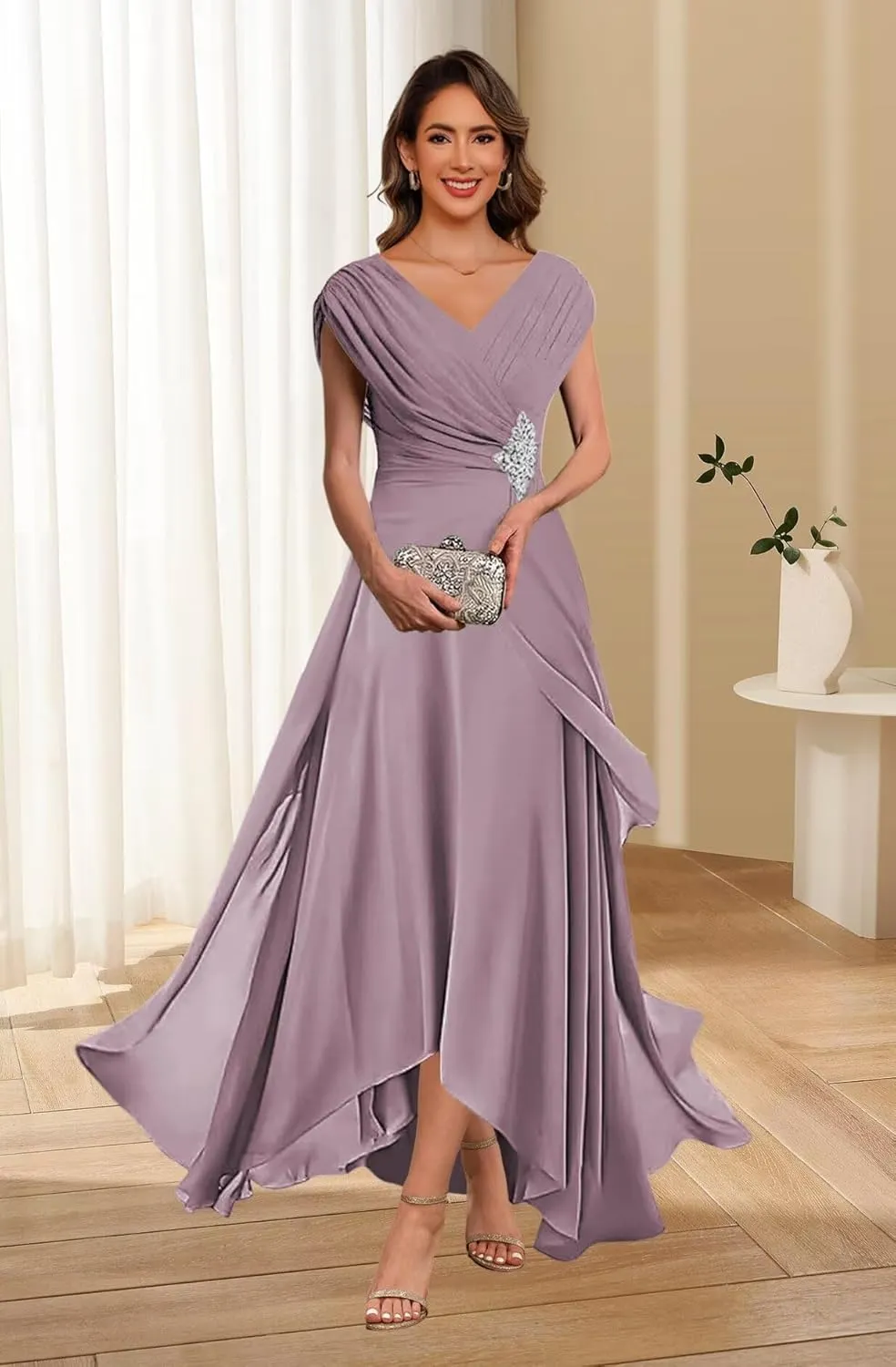 Lace Applique Chiffon Mother of The Bride Dresses Cap Sleeves Evening Gown V Neck Formal Dress for Wedding QA213