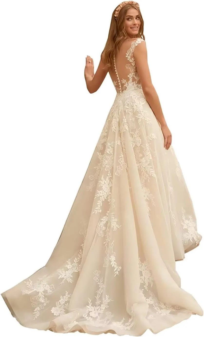 Lace Wedding Dresses for Bride 2024 Mermaid Long Sleeves Wedding Gowns Appliques Boho Beach Bridal Gowns with Train