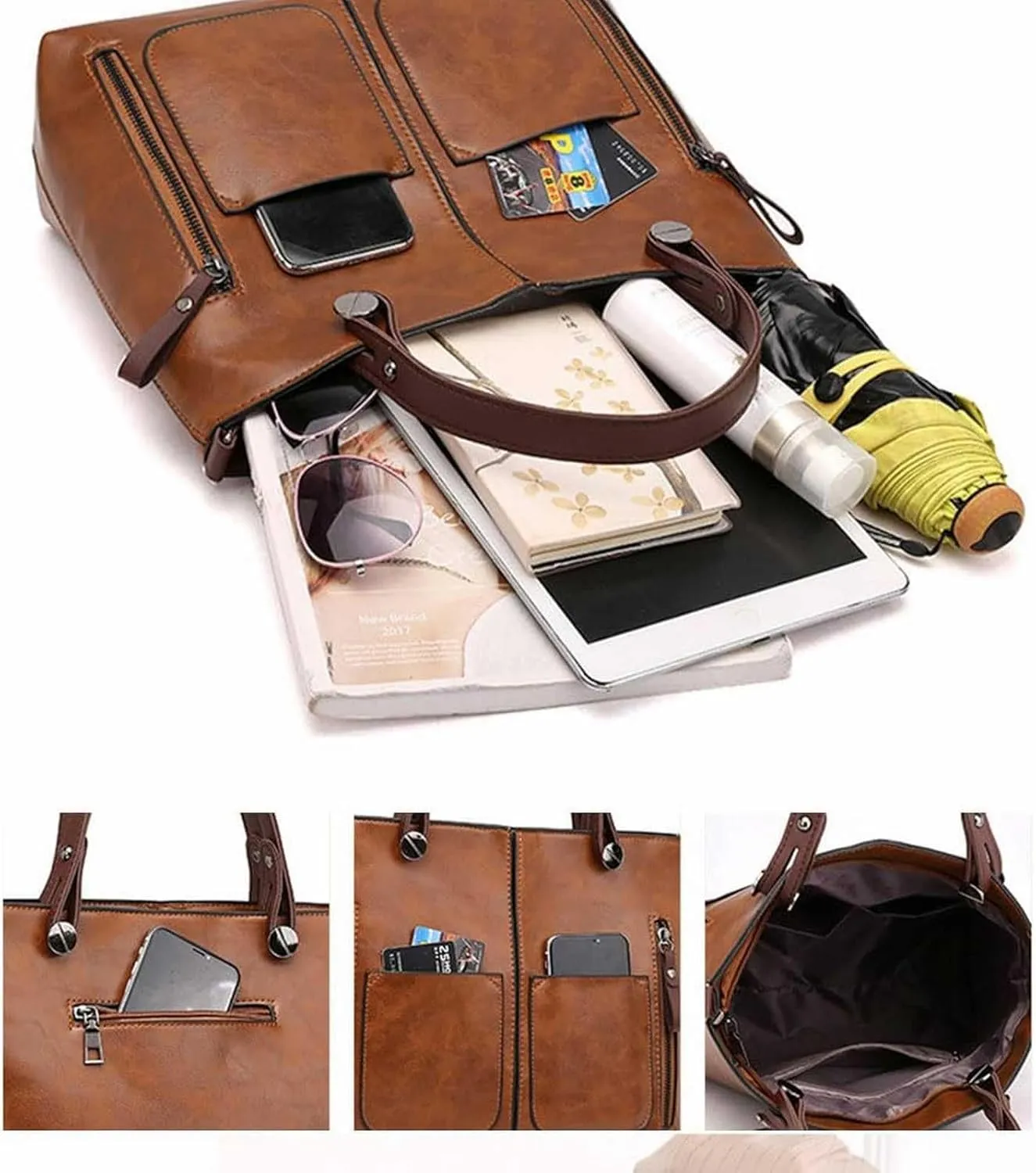 Ladies Vintage Leather Shoulder Bag Large Capacity Tote Bags Women Crossbody Bag Multi Pocket Shoulder (Brown, One Size)