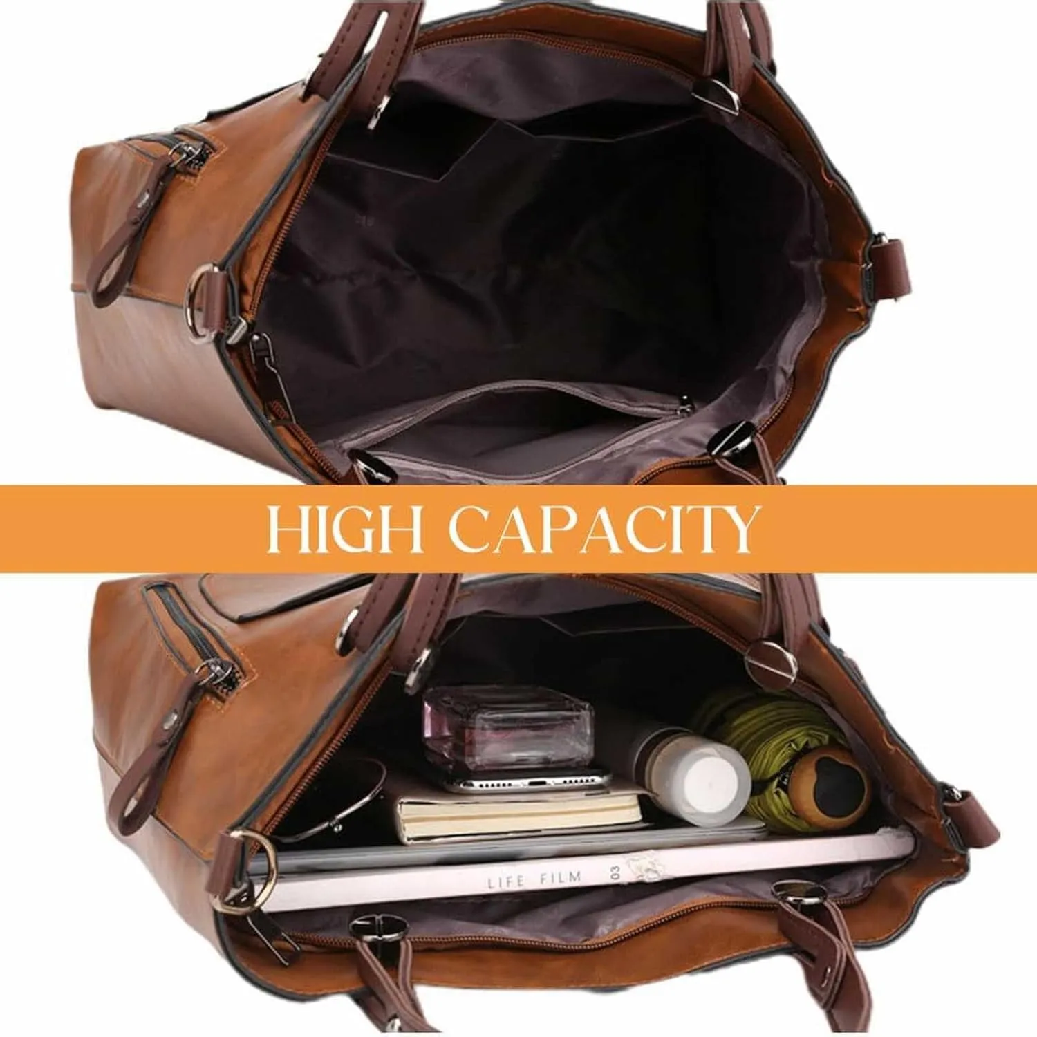 Ladies Vintage Leather Shoulder Bag Large Capacity Tote Bags Women Crossbody Bag Multi Pocket Shoulder (Brown, One Size)