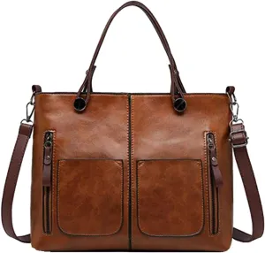 Ladies Vintage Leather Shoulder Bag Large Capacity Tote Bags Women Crossbody Bag Multi Pocket Shoulder (Brown, One Size)