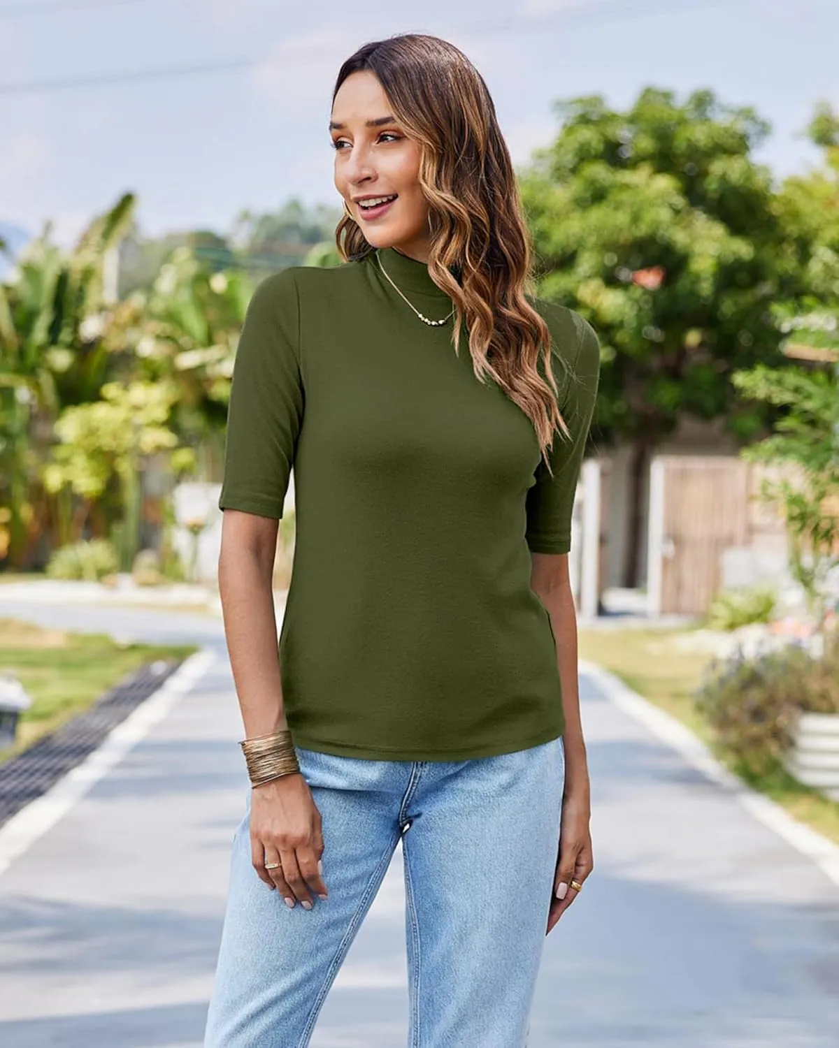 LaLaLa Womens Half Sleeve Mock Turtleneck Tunic Tops Dressy Casual Spring T Shirts Slim Fit Basic Tops