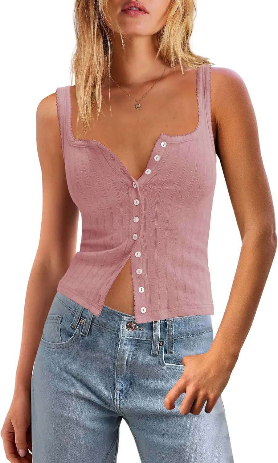 LAMISSCHE Womens Crop Ribbed Tank Tops Summer Sleeveless Square Neck Tops Basic Button Down Going Out Camisole