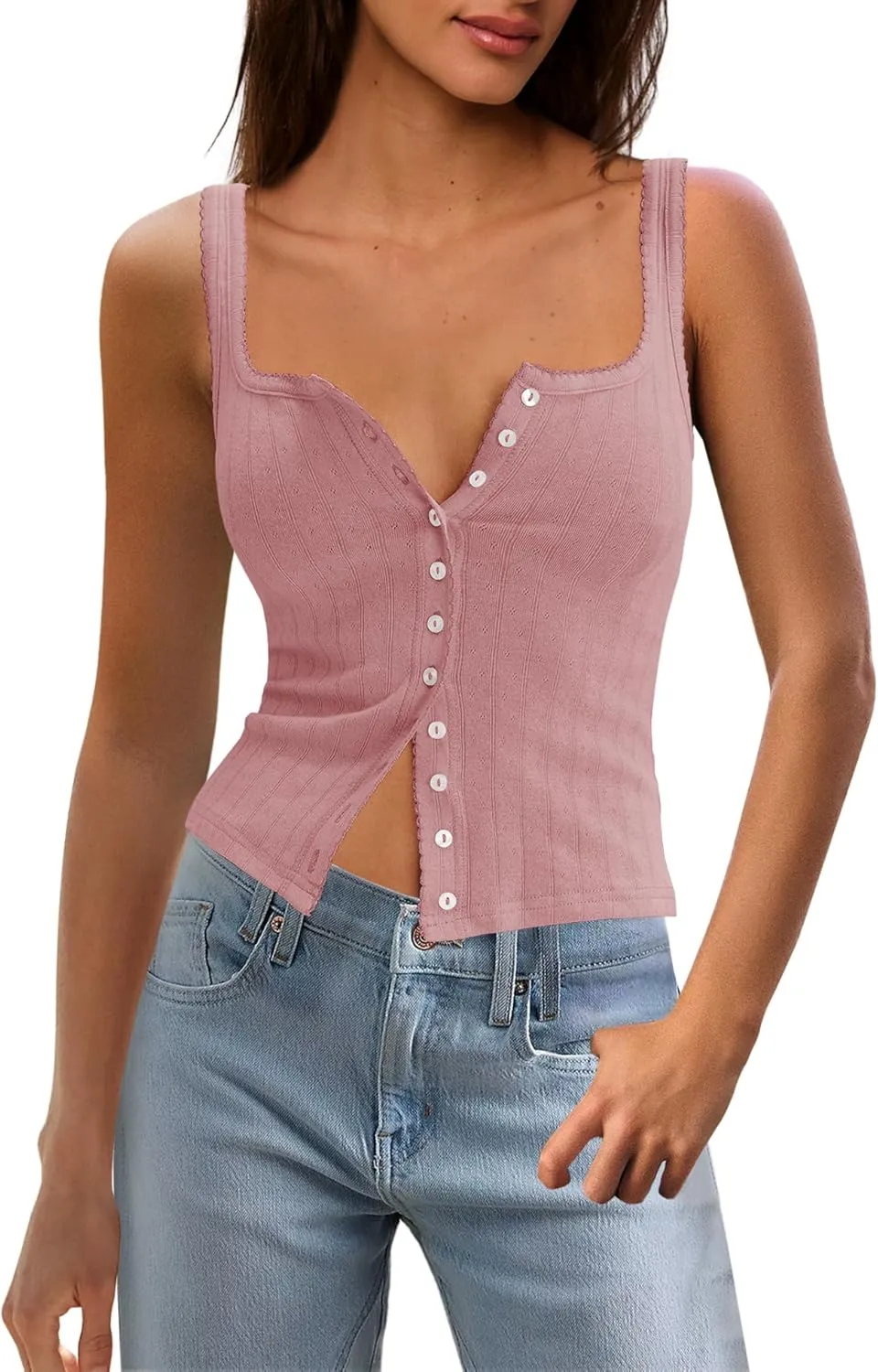 LAMISSCHE Womens Crop Ribbed Tank Tops Summer Sleeveless Square Neck Tops Basic Button Down Going Out Camisole