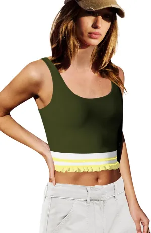 LAMISSCHE Womens Cropped Tank Tops Workout Padded Sports Bra Athletic Yoga Gym Tops Striped Ruffle Camisole