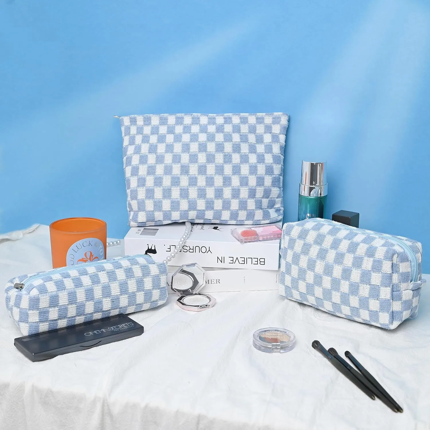 Large Capacity Makeup Bag Set Blue Checkered Makeup Bags 3 Pieces Canvas Travel Makeup Bag Organizer Travel Toiletry Bag Storage Bag for Women