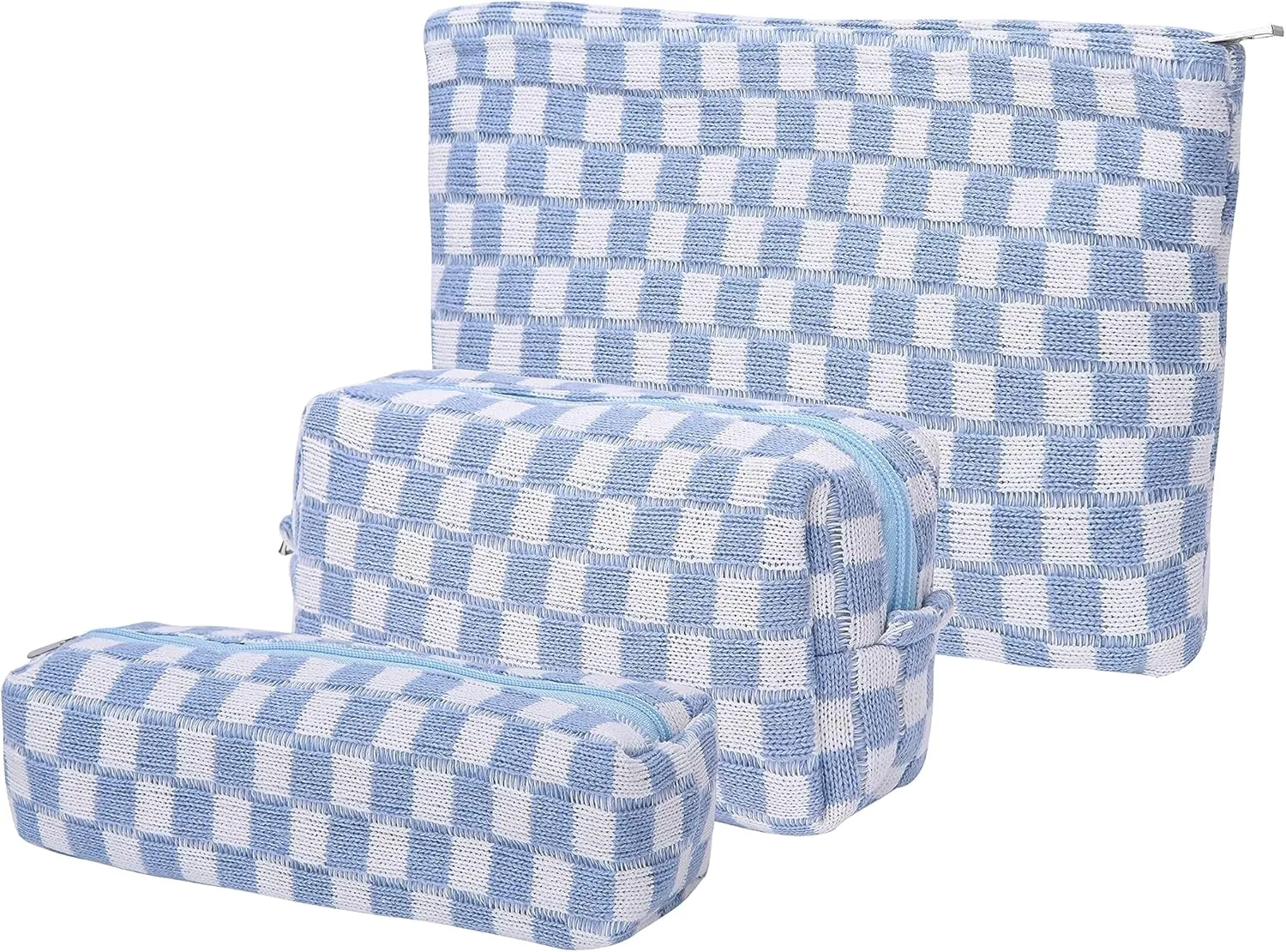 Large Capacity Makeup Bag Set Blue Checkered Makeup Bags 3 Pieces Canvas Travel Makeup Bag Organizer Travel Toiletry Bag Storage Bag for Women