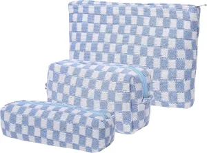 Large Capacity Makeup Bag Set Blue Checkered Makeup Bags 3 Pieces Canvas Travel Makeup Bag Organizer Travel Toiletry Bag Storage Bag for Women