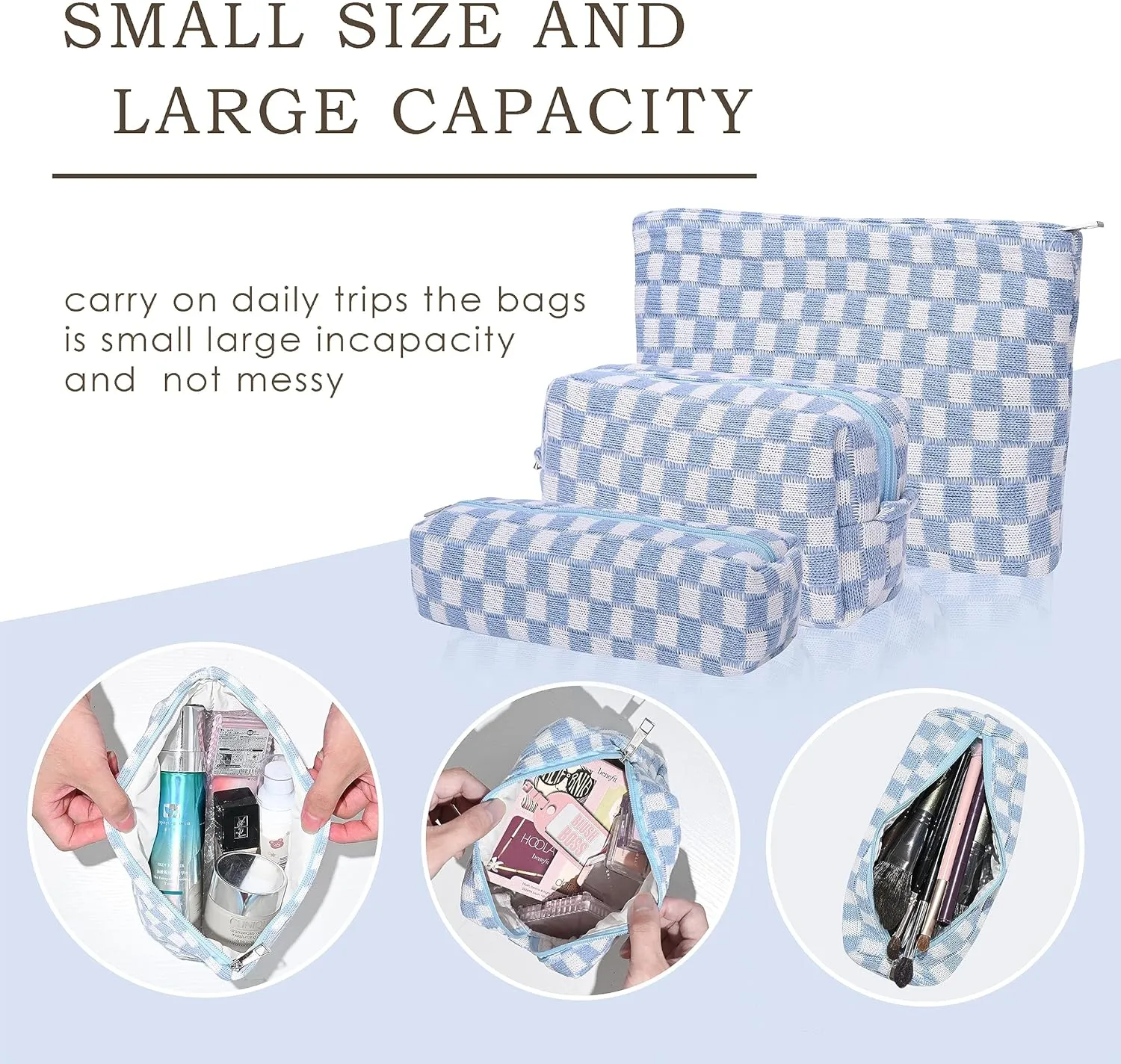 Large Capacity Makeup Bag Set Blue Checkered Makeup Bags 3 Pieces Canvas Travel Makeup Bag Organizer Travel Toiletry Bag Storage Bag for Women