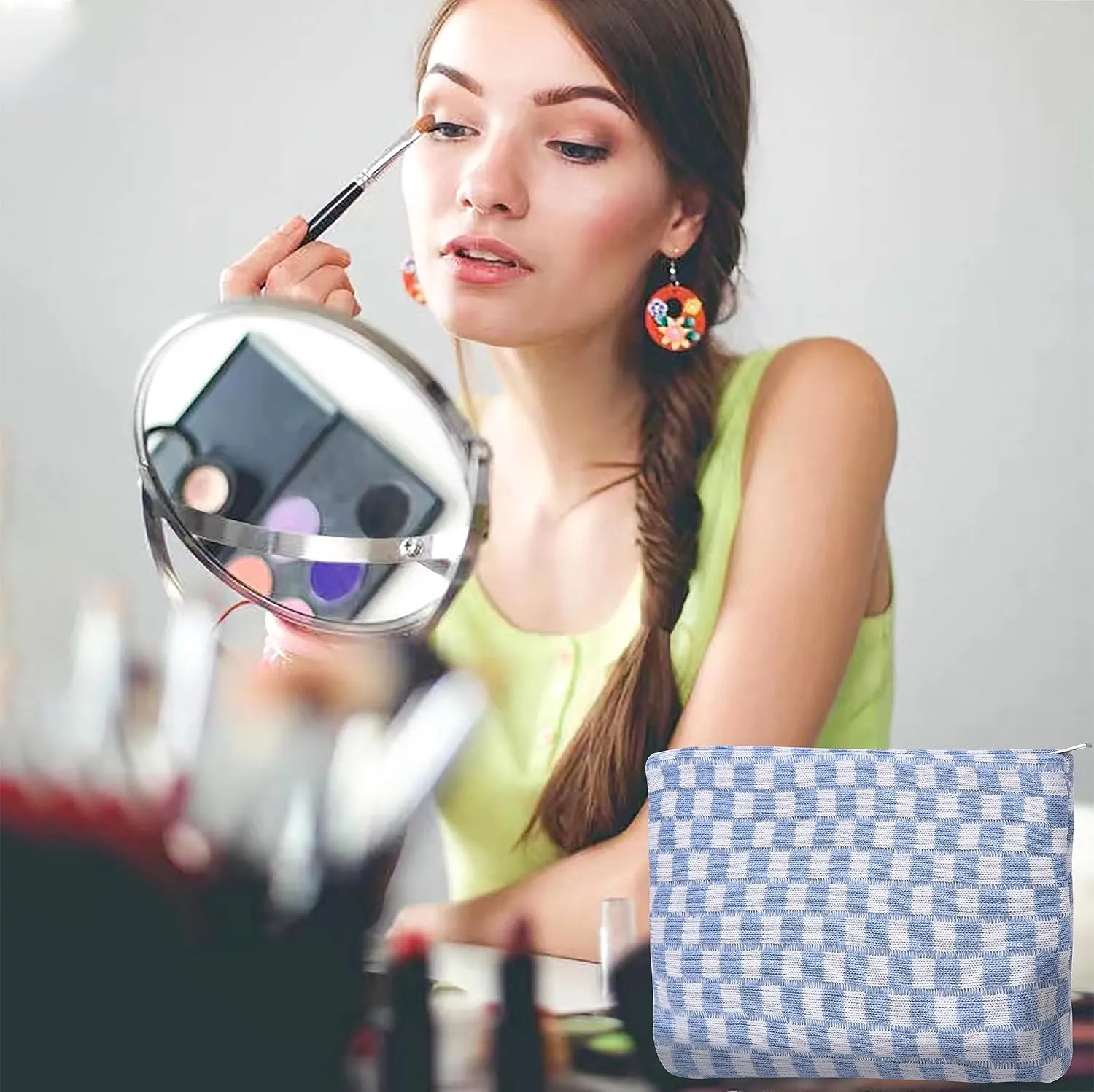 Large Capacity Makeup Bag Set Blue Checkered Makeup Bags 3 Pieces Canvas Travel Makeup Bag Organizer Travel Toiletry Bag Storage Bag for Women