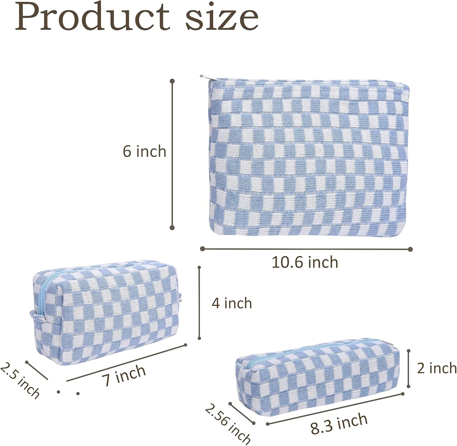 Large Capacity Makeup Bag Set Blue Checkered Makeup Bags 3 Pieces Canvas Travel Makeup Bag Organizer Travel Toiletry Bag Storage Bag for Women
