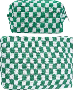 Large Capacity Set Pink Checkered Makeup Bags 2 Pieces Canvas Travel Makeup Bag Organizer Travel Toiletry Bag Storage Bag for Women