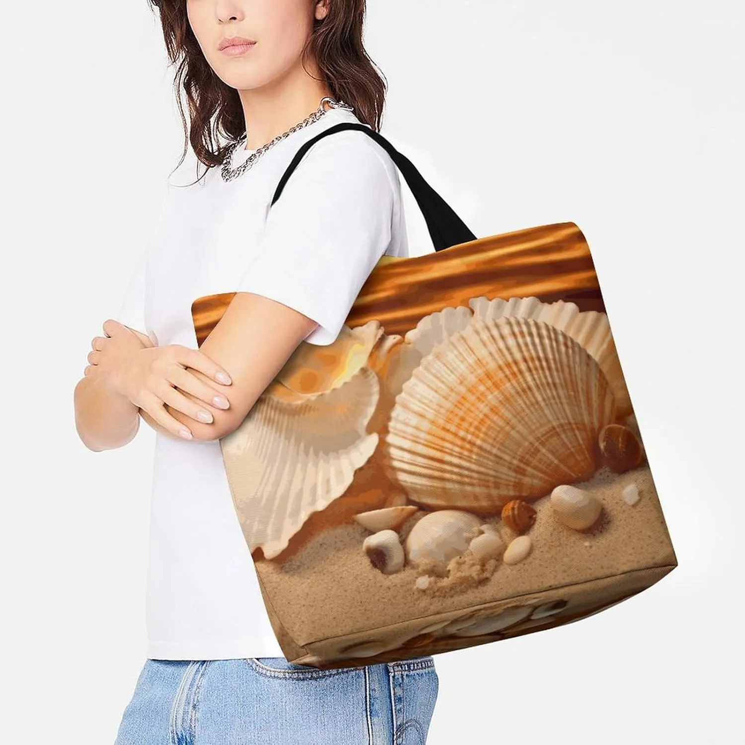 Large Capacity Shopping Bag Shells And Sand Canvas Grocery Bags Foldable Tote Bag