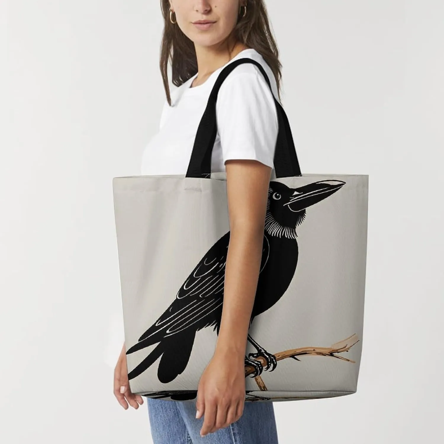 Large Capacity Shopping Bag Vintage Aesthetic Raven Illustration Canvas Grocery Bags Foldable Tote Bag