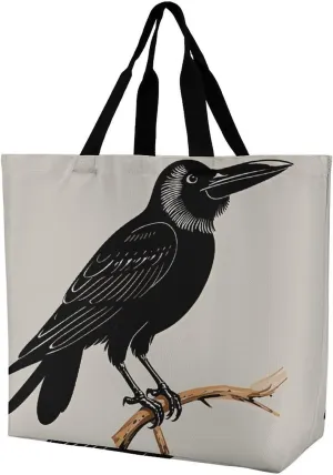 Large Capacity Shopping Bag Vintage Aesthetic Raven Illustration Canvas Grocery Bags Foldable Tote Bag